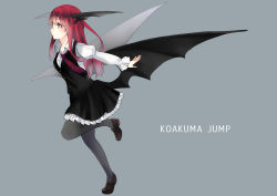 Rule 34 | 1girl, absurdres, alternate eye color, bat wings, black pantyhose, blue background, blush, character name, dress shirt, full body, head wings, highres, koakuma, large wings, loafers, long hair, low wings, multiple wings, nagata nagato, necktie, pantyhose, puffy sleeves, red hair, red necktie, shirt, shoes, simple background, skirt, skirt set, solo, standing, standing on one leg, touhou, vest, wings, yellow eyes