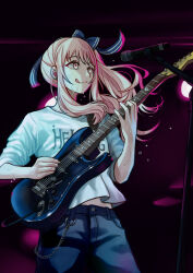 Rule 34 | 1other, absurdres, akiyama mizuki, androgynous, black background, blue pants, blue ribbon, buttons, chain, chaos1402, clothes writing, commentary request, cowboy shot, cymbals, dark background, earpiece, electric guitar, floating hair, flying sweatdrops, guitar, highres, holding, holding guitar, holding instrument, instrument, looking ahead, microphone, microphone stand, midriff peek, music, other focus, pants, pink eyes, pink hair, playing instrument, pocket, project sekai, ribbon, shirt, short sleeves, side ponytail, smile, solo, sweat, t-shirt, two-tone ribbon, untucked shirt, very sweaty, white ribbon, white shirt