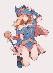 Rule 34 | 1girl, bare legs, bare shoulders, blonde hair, blue eyes, blue footwear, blush, boots, choker, dark magician girl, duel monster, full body, hair between eyes, hand on headwear, hat, holding, long hair, looking at viewer, off shoulder, parted lips, pentacle, simple background, smile, solo, wand, white background, wizard hat, yu-gi-oh!, yueko (jiayue wu), yuu-gi-ou, yu-gi-oh! duel monsters