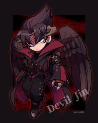 Rule 34 | 1boy, black background, black coat, black hair, black pants, black wings, brown horns, chain, character name, claws, closed mouth, coat, devil jin, facial mark, feathered wings, forehead jewel, frown, full body, gloves, highres, horns, kazama jin, kotorai, long sleeves, looking ahead, male focus, no nose, pants, red eyes, red gloves, shaded face, signature, studded gloves, tekken, wings