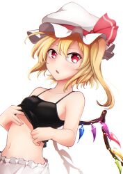 Rule 34 | 1girl, ashiroku (miracle hinacle), black shirt, blonde hair, bloomers, clothes lift, crystal, flandre scarlet, hat, hat ribbon, highres, lifted by self, looking at viewer, medium hair, mob cap, navel, one side up, open mouth, red eyes, red ribbon, ribbon, shirt, shirt lift, simple background, sleeveless, sleeveless shirt, solo, stomach, touhou, underwear, upper body, white background, white hat, wings