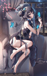 1girl absurdres bare_shoulders black_dress black_hair blue_archive blue_butterfly braid braided_bun breasts briefcase bug butterfly butterfly_hair_ornament cherry_blossoms china_dress chinese_clothes cityscape curtains dragon_print dress falling_petals feet full_moon grey_eyes grey_halo grey_jacket hair_bun hair_flowing_over hair_ornament halo high_heels highres insect jacket kisaki_(blue_archive) light_particles long_hair moon night night_sky no_panties norimori on_chair open_clothes open_jacket petals pinstripe_jacket pinstripe_pattern print_dress side_slit single_bare_leg sitting sky small_breasts solo star_(sky) striped_clothes striped_jacket twintails two-sided_fabric two-sided_jacket vertical-striped_clothes vertical-striped_jacket window yokozuwari