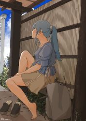 Rule 34 | 1girl, bag, barefoot, blouse, blue shirt, blue sky, cloud, commentary request, fence, full body, gotland (kancolle), highres, kachi (kachi5100), kantai collection, long hair, long skirt, official alternate costume, ponytail, shirt, shoes, unworn shoes, shopping bag, sitting, skirt, sky, solo