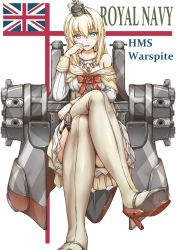 Rule 34 | 10s, 1girl, bare shoulders, black footwear, blonde hair, blue eyes, blush, braid, character name, corset, crossed legs, crown, detached sleeves, dress, flag, flower, french braid, garter straps, hair between eyes, high heels, highres, jewelry, kantai collection, long hair, long sleeves, looking at viewer, mini crown, off-shoulder dress, off shoulder, okutama tarou, open mouth, red flower, red ribbon, red rose, ribbon, rose, shoes, short dress, sitting, solo, thighhighs, thighs, union jack, united kingdom, warspite (kancolle), white dress, white thighhighs