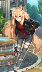 Rule 34 | 1girl, animal ear fluff, animal ears, black jacket, brown eyes, craft essence (fate), denim, fang, fate/grand order, fate (series), fountain, fox ears, fox tail, glasses, hands in pockets, heroic spirit traveling outfit, jacket, jeans, leaf, leaning forward, leather, leather jacket, leg up, light brown hair, long hair, looking at viewer, maple leaf, official art, pants, red-framed eyewear, shoes, smile, sneakers, solo, suzuka gozen (fate), suzuka gozen (traveling outfit) (fate), tail, takenoko seijin, torn clothes, torn jeans, torn pants
