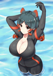 Rule 34 | 10s, 1girl, animal ears, arms up, biker clothes, bikesuit, black bodysuit, blush, bodysuit, breasts, brown eyes, cleavage, collarbone, curvy, from above, gloves, grey hair, highres, hippopotamus (kemono friends), hippopotamus ears, kemono friends, large breasts, long hair, medium hair, multicolored hair, partially submerged, red hair, smile, solo, two-tone hair, wading, water, wet, wide hips, xiao qi