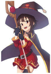 Rule 34 | 1girl, black cape, black gloves, black hat, black thighhighs, blush, cape, collarbone, dress, fingerless gloves, gloves, hands on headwear, hands up, hat, highres, kono subarashii sekai ni shukufuku wo!, looking at viewer, megumin, open mouth, red dress, red eyes, short hair with long locks, simple background, single thighhigh, smile, solo, thighhighs, white background, witch hat, yasutange