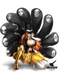 Rule 34 | 1girl, absurdres, black feathers, black sclera, bladen art, boots, borrowed character, breasts, burasu (maro), cleavage, colored sclera, corset, dress, feathers, gloves, green eyes, hand on own face, hat, highres, hollow (bleach), kneeling, kubo tite (style), large breasts, long hair, mask, multiple tails, navel, original, pilgrim hat, sharp teeth, single boot, smile, tail, teeth, transformation, white background, yellow dress, yellow eyes, yellow footwear, yellow gloves