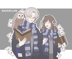Rule 34 | 1boy, 1girl, :d, bird, black robe, blue necktie, blue scarf, book, brown hair, card, closed eyes, crossover, glasses, grey skirt, grey vest, harry potter (series), highres, holding, holding book, holding wand, long hair, long sleeves, necktie, open mouth, owl, playing card, ravenclaw, robe, rosa (tears of themis), scarf, short hair, skirt, smile, tears of themis, vest, vyn richter (tears of themis), wand, white hair, wizarding world, yellow eyes, yingchuan981