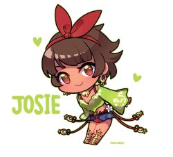 Rule 34 | 1girl, blue skirt, bow, bow hairband, brown eyes, brown hair, character name, closed mouth, full body, green outline, green shirt, hairband, heart, highres, josie rizal, kotorai, leaning forward, looking at viewer, no nose, outline, red bow, red hairband, shirt, signature, skirt, smile, solo, tekken, toeless footwear