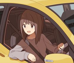Rule 34 | 1girl, brown hair, car, driving, female focus, motor vehicle, open mouth, original, seatbelt, solo, tomioka jirou