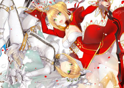 Rule 34 | 10s, 2girls, :d, aestus estus, arm up, artist name, belt, blonde hair, bodysuit, boots, braid, breasts, bridal veil, center opening, chain, cleavage, detached sleeves, dress, epaulettes, fate/extra, fate/extra ccc, fate/grand order, fate (series), french braid, frilled sleeves, frills, from above, gloves, green eyes, hair between eyes, hair bun, hair intakes, high heel boots, high heels, holding, holding sword, holding weapon, lace, lace-trimmed dress, lace trim, large breasts, leotard, lock, long dress, long sleeves, looking at viewer, multiple girls, nero claudius (bride) (fate), nero claudius (fate), nero claudius (fate) (all), nero claudius (fate/extra), open mouth, padlock, petals, puffy long sleeves, puffy sleeves, red dress, rotational symmetry, sakuyosi, short hair with long locks, showgirl skirt, signature, simple background, single hair bun, smile, sword, thighs, veil, weapon, white background, white gloves, white leotard, zipper