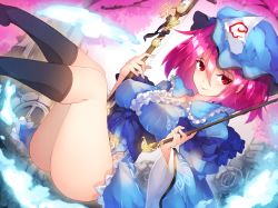 Rule 34 | 1girl, ass, black socks, blue bow, blue dress, blue hat, blue kimono, bow, bow (music), breasts, cherry blossoms, chiroru (cheese-roll), commentary request, dress, dress bow, frilled kimono, frills, glowing, hair between eyes, hat, highres, hitodama, japanese clothes, kimono, kneehighs, knees together feet apart, large breasts, legs, long sleeves, looking at viewer, mob cap, pink hair, red eyes, saigyouji yuyuko, sash, short hair, smile, socks, solo, thighs, touhou, tree, triangular headpiece, white frills, wide sleeves