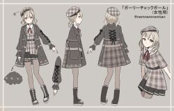 Rule 34 | 1girl, azusawa kohane, belt, belt buckle, beret, black belt, black ribbon, brown hair, buckle, buttons, closed mouth, coat, unworn coat, collared shirt, commentary request, from side, full body, girly check girl (project sekai), hat, highres, lapels, long sleeves, looking at viewer, multiple views, nemnemnemtan, notched lapels, open clothes, open coat, pantyhose, plaid headwear, pleated skirt, project sekai, ribbon, shirt, shoelaces, short twintails, skirt, standing, thigh strap, translation request, turnaround, twintails, twitter username