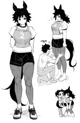 Rule 34 | 1boy, animal ears, arms behind back, bare arms, barefoot, blush, breasts, chibi, collared shirt, colored skin, earrings, embarrassed, flying sweatdrops, genderswap, genderswap (mtf), greyscale, gym shorts, gym uniform, hands on another&#039;s thighs, height difference, highres, horse ears, horse girl, horse tail, jewelry, kamado tanjirou, kimetsu no yaiba, large breasts, leaning forward, long hair, long sleeves, looking at another, looking away, looking down, monochrome, multicolored skin, multiple views, on one knee, pants, puffy short sleeves, puffy sleeves, scar, scar on face, scar on forehead, shirt, shoes, short hair, short sleeves, shorts, sideways glance, simple background, sneakers, sparkle, standing, t-shirt, tail, thick thighs, thighs, tomioka giyuu, toned, veins, whispering, yeobojagiaegi