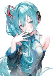 Rule 34 | 1girl, alternate hairstyle, aqua eyes, aqua hair, aqua nails, aqua necktie, bare shoulders, black sleeves, breasts, clothes writing, collared shirt, commentary, copyright name, detached sleeves, hair between eyes, hair ornament, hair over shoulder, hand up, hatsune miku, hatsune miku (noodle stopper), head tilt, high side ponytail, long hair, looking at viewer, nail polish, necktie, shirt, side ponytail, simple background, sleeveless, sleeveless shirt, small breasts, smile, solo, symbol-only commentary, tongue, tongue out, twitter username, umibouzu (niito), upper body, very long hair, vocaloid, white background