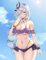 Rule 34 | 1girl, absurdres, bare shoulders, bikini, blue eyes, blue sky, breasts, choker, cleavage, cloud, commentary, cowboy shot, cup, day, disposable cup, drinking, genshin impact, hair ornament, hair over one eye, highres, holding, holding cup, large breasts, long braid, long hair, navel, off-shoulder bikini, off shoulder, purple bikini, purple choker, shenhe (genshin impact), sky, solo, standing, stomach, swimsuit, thighs, very long hair, white (user gpgw2383), white hair