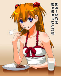 Rule 34 | 1girl, angry, arm support, bare shoulders, blue eyes, blush, breasts, brown hair, cleavage, curry, eating, food, hair ornament, highres, interface headset, looking at viewer, neon genesis evangelion, no bra, rice, shinama, shiny skin, solo, souryuu asuka langley, table, translation request, tsundere, two side up