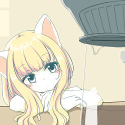 Rule 34 | 1girl, animal ears, blonde hair, blush, body fur, cat ears, closed mouth, coffee, dot nose, female focus, furry, furry female, head rest, highres, long hair, monotsumi, original, pitcher (container), solo, white fur