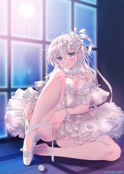 Rule 34 | 1girl, bad id, bad twitter id, ballet slippers, blue eyes, breasts, carnelian, cleavage, dress, kantai collection, knee up, panties, pantyhose, side ponytail, solo, suzutsuki (kancolle), underwear, white hair, white panties, white pantyhose, window