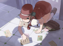 Rule 34 | 1girl, all fours, bad id, bad pixiv id, eko-des-co, envelope, hat, letter, looking up, mailman, mouth hold, object in mouth, shoes, solo
