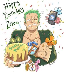 Rule 34 | artist name, birthday cake, blush, cake, cellphone, character name, compass, confetti, corrupted twitter file, english text, food, frammu, gift, green hair, green shirt, happy birthday, highres, holding, log pose, map, one eye closed, one piece, open clothes, phone, pink ribbon, ribbon, roronoa zoro, scar, scar on chest, scar on face, shirt, short hair, smartphone, v-shaped eyebrows