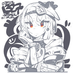 Rule 34 | 1girl, artist name, bracer, collarbone, dated, genshin impact, hair behind ear, halterneck, hand on own head, headband, highres, jewelry, jrpencil, kujou sara, looking at viewer, mask, mask on head, monochrome, orange eyes, portrait, ring, short hair, smile, solo, v-shaped eyebrows