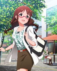 Rule 34 | 2girls, akizuki ritsuko, alternate hairstyle, artist request, bag, belt, blunt bangs, boots, braid, brown eyes, brown hair, collarbone, day, floral print, glasses, hairband, holding, idolmaster, idolmaster (classic), idolmaster million live!, idolmaster million live! theater days, long hair, looking at another, looking up, multiple girls, official art, open mouth, outdoors, purple eyes, shijou takane, silver hair, sitting, skirt, smile, solo focus, sunlight, tree, twin braids