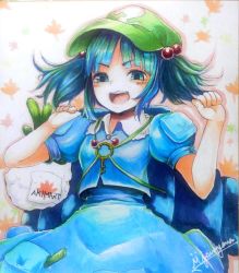 Rule 34 | 1girl, autumn leaves, backpack, bag, blue eyes, blue hair, blue shirt, blue skirt, blush, breasts, collared shirt, commentary request, cowboy shot, cucumber, flat cap, frilled shirt collar, frills, green hat, hair bobbles, hair ornament, hat, jewelry, jonasan (bad-t), kawashiro nitori, key, key necklace, looking at viewer, necklace, open mouth, pocket, puffy short sleeves, puffy sleeves, shikishi, shirt, short hair, short sleeves, sidelocks, signature, skirt, skirt set, small breasts, smile, solo, touhou, traditional media, two side up