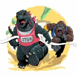 Rule 34 | ape, b.e.a.s.t. glove, cave, chibi, claws, crossover, crystal, dinosaur, exhausted, garayann, gauntlets, gills, godzilla, godzilla (series), godzilla and kong running (meme), godzilla x kong: the new empire, gorilla, highres, kaijuu, king kong, king kong (series), legendary pictures, meme, monster, monsterverse, no humans, open mouth, orange eyes, racing, racing suit, running, sea monster, sharp teeth, shirt, snot, spiked tail, spikes, sweat, tail, teeth, toho, tongue, tongue out, underground, warner bros, weapon, yellow eyes