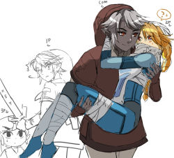 Rule 34 | 1girl, 3boys, ^^^, alternate color, androgynous, bandages, blonde hair, carrying, cheating (relationship), crossover, dark-skinned male, dark link, dark skin, elf, hat, holding, holding sword, holding weapon, korean text, link, multiple boys, muse (rainforest), netorare, nintendo, pointy ears, princess carry, princess zelda, red eyes, red tunic, reverse trap, sarashi, sheik, spot color, super smash bros., surcoat, sweatdrop, sword, the legend of zelda, the legend of zelda: ocarina of time, the legend of zelda: the wind waker, time paradox, toon link, weapon