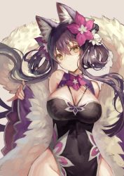 Rule 34 | 1girl, absurdres, animal ear fluff, animal ears, bare shoulders, black dress, breasts, brown background, brown eyes, brown hair, china dress, chinese clothes, cleavage, closed mouth, commentary request, detached sleeves, dress, flower, fox ears, groin, hair flower, hair ornament, head tilt, highres, large breasts, long hair, long sleeves, looking at viewer, okuma mai, original, pelvic curtain, purple flower, sleeveless, sleeveless dress, sleeves past wrists, solo, twintails, very long hair, wide sleeves