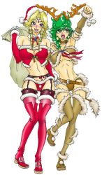 Rule 34 | 1990s (style), 2girls, aged up, animal costume, antlers, arms up, bag, belt, blonde hair, boots, breasts, choker, christmas, circlet, cleavage, clenched hand, clenched hands, collar, detached collar, detached sleeves, drill hair, elbow gloves, final fantasy, final fantasy iv, frilled legwear, frills, garter belt, gloves, green hair, hand on own hip, hat, hip focus, horns, lingerie, long hair, midriff, multiple girls, o/, outstretched arms, panties, raised fist, reindeer costume, retro artstyle, rosa farrell, rydia (ff4), sack, santa costume, santa hat, shuninshunin, simple background, tail, thigh boots, thighhighs, tiara, underboob, underwear, wing collar