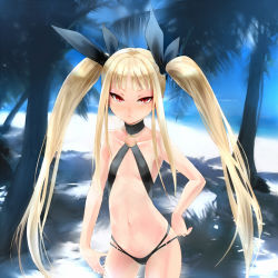 Rule 34 | 1girl, arc system works, beach, bikini, blazblue, flat chest, long hair, navel, o-ring, o-ring top, palm tree, pointy ears, rachel alucard, red eyes, slit pupils, solo, swimsuit, thigh gap, thighs, tree, twintails, wander (artist), wander (cordabyss)