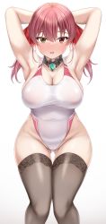 Rule 34 | 1girl, absurdres, armpits, arms behind head, arms up, black hair, blush, breasts, competition swimsuit, hair ribbon, heterochromia, highres, hololive, houshou marine, large breasts, lomocya, long hair, looking at viewer, one-piece swimsuit, open mouth, red eyes, red hair, red ribbon, ribbon, simple background, solo, swimsuit, thighhighs, thighs, twintails, virtual youtuber, yellow eyes