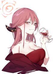 Rule 34 | 1girl, absurdres, alcohol, aru (blue archive), aru (blue archive) (dress), aru (dress) (blue archive), bare shoulders, blue archive, breasts, cleavage, collarbone, cropped torso, cup, demon horns, dress, drinking glass, halo, highres, holding, holding cup, horns, long hair, looking at viewer, medium breasts, pink hair, red dress, simple background, solo, strapless, strapless dress, white background, wine, wine glass, xiao jian