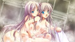 Rule 34 | 2girls, blue eyes, breasts, character request, copyright request, foam, game cg, long hair, multiple girls, nipples, nude, open mouth, silver hair, steam, towel, very long hair, wet, yamamoto kazue, yuri
