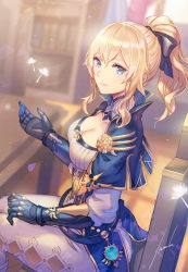 Rule 34 | 1girl, anbe yoshirou, blonde hair, blue capelet, blue eyes, breasts, capelet, cleavage, cleavage cutout, clothing cutout, collarbone, dandelion, feet out of frame, flower, from side, gauntlets, genshin impact, hair ribbon, highres, indoors, jean (genshin impact), large breasts, long hair, long sleeves, looking at viewer, looking to the side, pants, ponytail, ribbon, sitting, smile, solo, vision (genshin impact), white pants