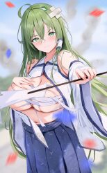 Rule 34 | 1girl, 258n, absurdres, ahoge, animal hair ornament, bare shoulders, blue hakama, blush, breasts, center opening, chest sarashi, cleavage, commentary, crossed bandaids, crossed bangs, detached sleeves, frog hair ornament, gohei, green eyes, green hair, hair between eyes, hair ornament, hakama, highres, holding, holding gohei, japanese clothes, kochiya sanae, large breasts, long hair, looking at viewer, navel, nontraditional miko, pout, sarashi, shirt, single hair tube, solo, stomach, touhou, undone sarashi, upper body, v-shaped eyebrows, white shirt, wide sleeves