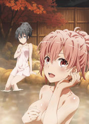 Rule 34 | 10s, 2girls, :d, absurdres, arm support, black eyes, black hair, breasts, completely nude, covering privates, covering breasts, hair between eyes, tucking hair, hair up, highres, looking at viewer, medium breasts, multiple girls, naked towel, nude, official art, onsen, open mouth, outdoors, pink eyes, pink hair, scan, sitting, small breasts, smile, soaking feet, steam, topless, towel, wet, white towel, yahari ore no seishun lovecome wa machigatteiru., yuigahama yui, yukinoshita yukino