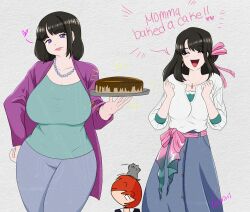 ass black_hair breasts cake cat cleavage_cutout clothing_cutout dress earrings food hair_ornament highres huge_ass huge_breasts jewelry mature_female mole mole_under_mouth mother_and_daughter necklace pearl_necklace pink_earrings pink_ribbons purple_eyes red_lips the_king_of_fighters the_king_of_fighters_for_girls yagami_iori