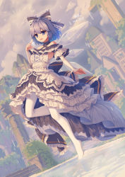 Rule 34 | 1girl, absurdres, alternate costume, back bow, blue bow, blue eyes, blue hair, bow, building, cirno, criss-cross halter, dress, fairy, full body, hair between eyes, hair bow, halterneck, high-low skirt, highres, ice, ice wings, long sleeves, mechrailgun, no shoes, off-shoulder dress, off shoulder, open mouth, pantyhose, short hair, smile, solo, standing, standing on one leg, touhou, white dress, white pantyhose, wings