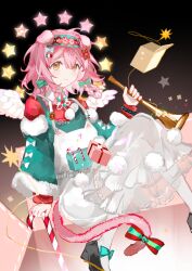Rule 34 | 1girl, absurdres, animal ears, annnnq, arknights, bow, braid, candy, candy cane, cat ears, cat girl, cat tail, floppy ears, floral print, flower, food, fur trim, goldenglow (arknights), goldenglow (maiden for the bright night) (arknights), green bow, green shirt, hair between eyes, hair bow, hairband, highres, holding, light blush, long hair, long sleeves, looking at viewer, official alternate costume, overalls, pantyhose, poinsettia, print hairband, red bow, red shirt, shirt, sitting, star (symbol), tail, tail bow, tail ornament, white footwear, white overalls, white pantyhose, yellow eyes