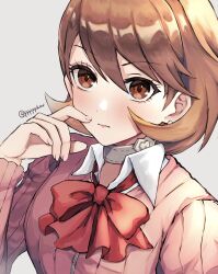 Rule 34 | 1girl, artist name, brown eyes, brown hair, choker, finger to mouth, gekkoukan high school uniform, heart, heart choker, highres, looking at viewer, neck ribbon, persona, persona 3, pppppknw, red ribbon, ribbon, school uniform, short hair, solo, takeba yukari, upper body, white background, white choker