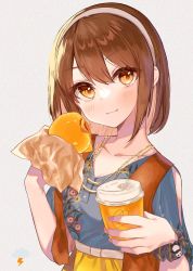 Rule 34 | 1girl, blue shirt, blush, brown eyes, brown hair, burger, closed mouth, clothing request, commentary request, cup, disposable cup, eating, food, grey background, hair between eyes, hairband, hands up, head tilt, highres, holding, holding cup, holding food, jewelry, kaminari kinenbi, light smile, looking at viewer, medium hair, nail polish, necklace, original, pink nails, scrunchie, shirt, short sleeves, simple background, solo, upper body, wrist scrunchie