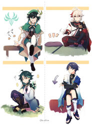 Rule 34 | ..., 4boys, afterimage, ahoge, androgynous, anemo symbol (genshin impact), aqua hair, arm tattoo, armor, arrow (symbol), asymmetrical clothes, bandaged hand, bandages, bead necklace, beads, beckoning, beret, blue vest, braid, cape, closed mouth, collared cape, crossed bangs, facial mark, flower, forehead mark, full body, genshin impact, gloves, green cape, green eyes, green hair, green hat, grey hair, hair between eyes, hakama, hakama shorts, hand on own cheek, hand on own face, hat, hat flower, highres, japanese armor, japanese clothes, jewelry, kaedehara kazuha, kinatsu k, long hair, looking at viewer, low ponytail, male focus, motion lines, multicolored hair, multiple boys, necklace, on floor, on ground, one eye closed, open clothes, open mouth, open vest, pillow, pointing, ponytail, purple eyes, purple hair, red hair, scaramouche (genshin impact), shoes, short hair, shorts, shoulder armor, shoulder spikes, side braids, single sleeve, sitting, smile, spikes, spoken ellipsis, star (symbol), streaked hair, tatami, tattoo, thighhighs, twin braids, two-tone vest, venti (genshin impact), vest, wanderer (genshin impact), white flower, xiao (genshin impact), yellow eyes