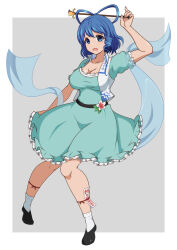 Rule 34 | 1girl, 86-shiki, aqua dress, arm up, black footwear, blue eyes, blue hair, breasts, chisel, commentary request, dress, drill hair, drill sidelocks, full body, grey background, hair ornament, hair ribbon, hair stick, highres, kaku seiga, large breasts, looking at viewer, ofuda, open mouth, ribbon, shawl, short hair, short sleeves, sidelocks, simple background, socks, solo, touhou, variant set, vest, white socks, white vest
