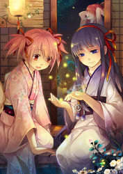 Rule 34 | 10s, 4girls, akemi homura, arms behind head, blue eyes, blue hair, bow, clock, fireflies, floral print, flower, food, gears, hair bow, hair over eyes, hair ribbon, highres, japanese clothes, kaname madoka, kimono, kyubey, lantern, light particles, lights, long hair, mahou shoujo madoka magica, mahou shoujo madoka magica (anime), miki sayaka, mouth hold, multiple girls, night, object in mouth, open mouth, pink hair, ponytail, popsicle, purple hair, red eyes, ribbon, saiyki, sakura kyoko, short hair, short twintails, sitting, sky, smile, star (symbol), twintails