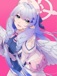 Rule 34 | 1girl, angel wings, blue archive, blue hair, braid, breasts, gloves, green eyes, halo, highres, juliet sleeves, large breasts, long hair, long sleeves, mine (blue archive), pink background, pointy ears, pouch, puffy sleeves, twin braids, vutina 217, white gloves, wings
