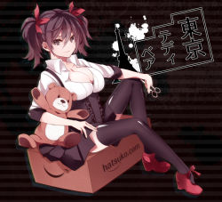 Rule 34 | 1girl, amazon (company), artist name, bad id, bad pixiv id, black thighhighs, box, brand name imitation, breasts, brown eyes, brown hair, cardboard box, character request, cleavage, copyright name, hair ornament, hatsuko, holding, looking at viewer, medium breasts, on box, parody, red footwear, scissors, shirt, shoes, short hair, sitting, skirt, smile, solo, striped, striped background, stuffed animal, stuffed toy, teddy bear, thighhighs, tokyo teddy bear (vocaloid), twintails, vocaloid, white shirt